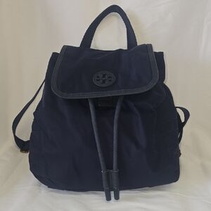 Tory Burch Scout Vintage Navy Blue Nylon Drawstring Backpack with Logo Flap